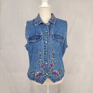 Bill Blass Jeans Denim Vest Women's M Embroidered Rhinestones Vintage Blue